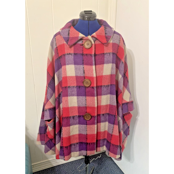 Vintage Plaid Pink Purple Wool Blend One Size Big Buttons Poncho Cape Holidays - Picture 1 of 8